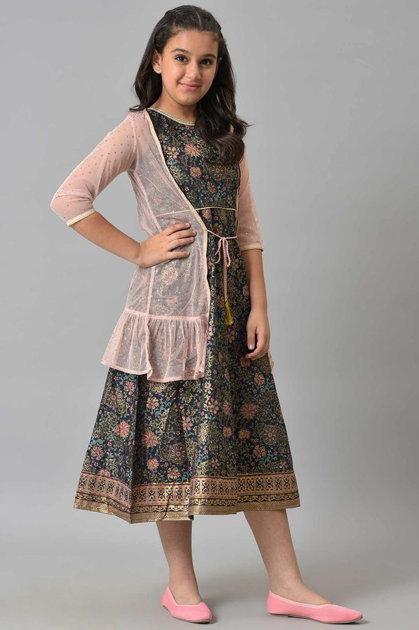 Girls Pink Poly Net Gillet With Black Floral Printed Dress