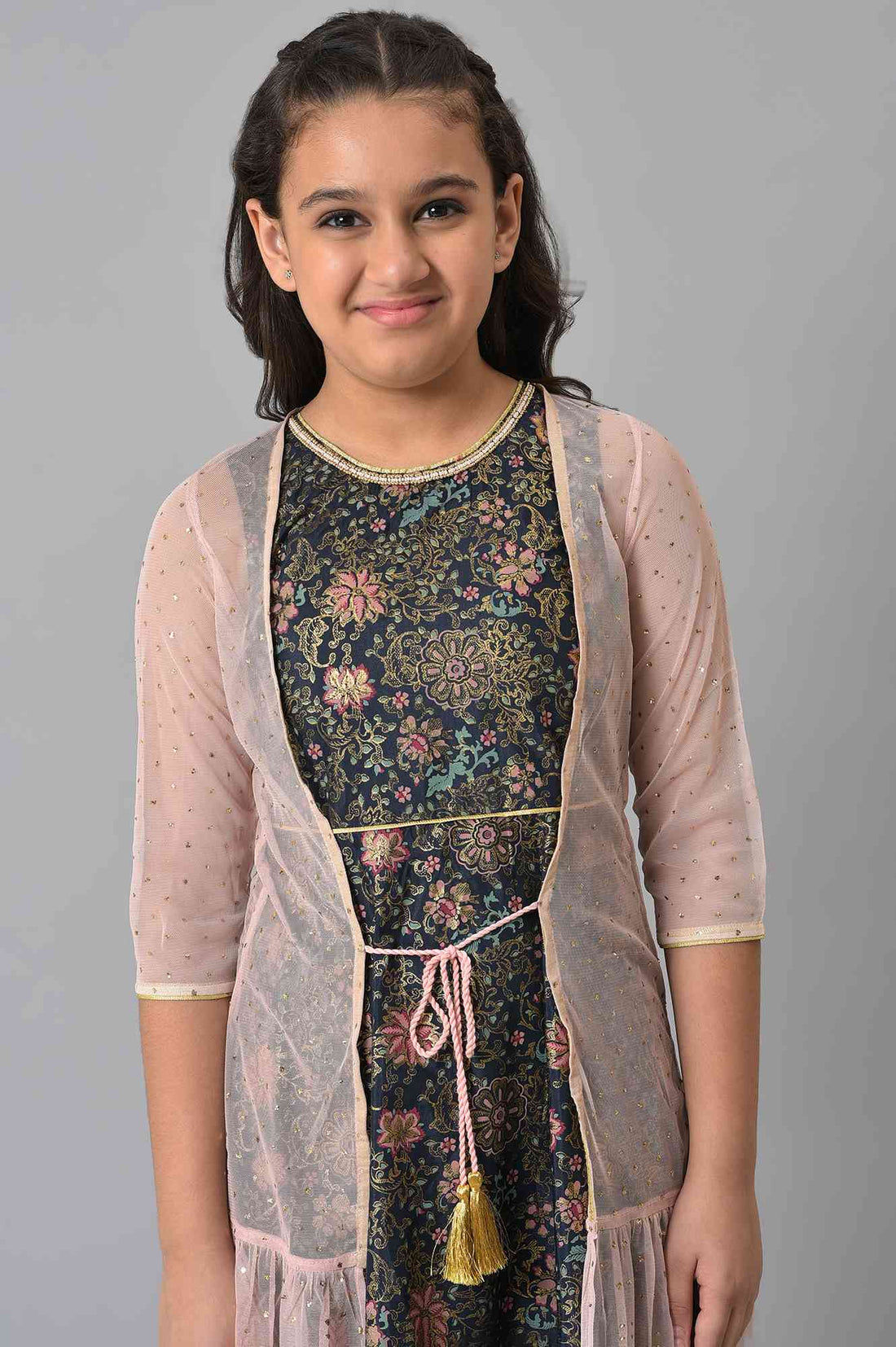 Girls Pink Poly Net Gillet With Black Floral Printed Dress