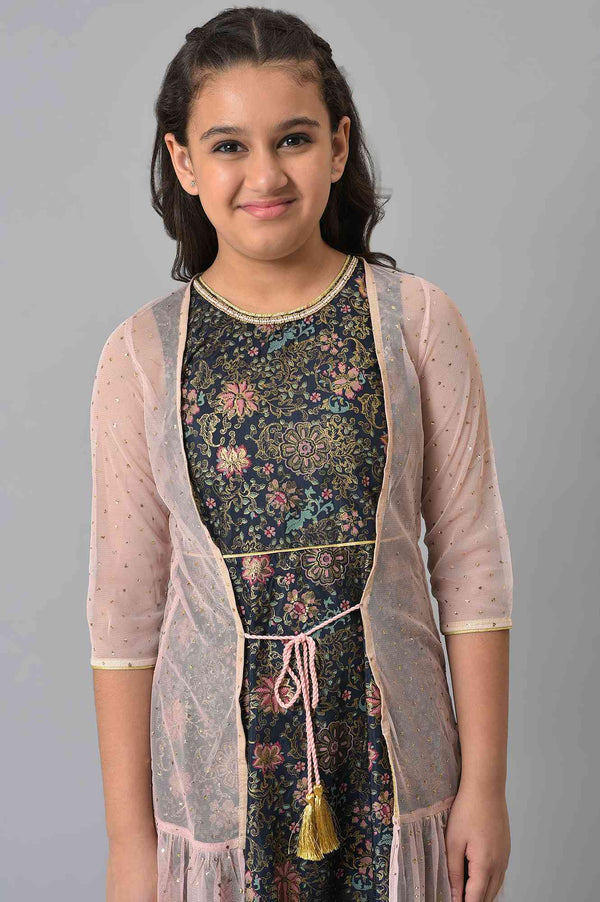 Girls Pink Poly Net Gillet With Black Floral Printed Dress