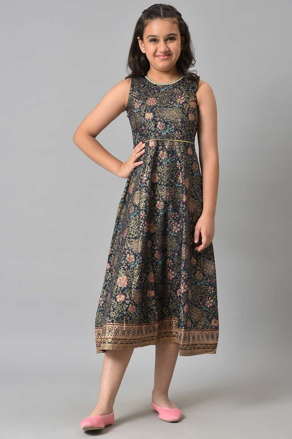 Girls Pink Poly Net Gillet With Black Floral Printed Dress