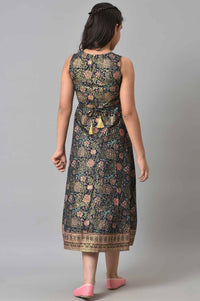 Girls Pink Poly Net Gillet With Black Floral Printed Dress