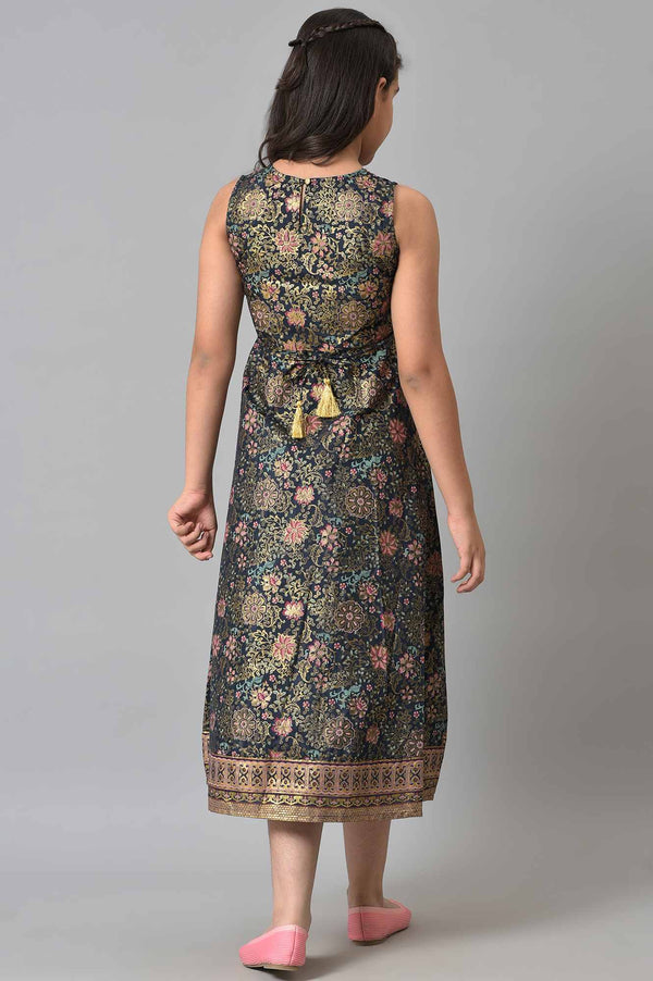 Girls Pink Poly Net Gillet With Black Floral Printed Dress