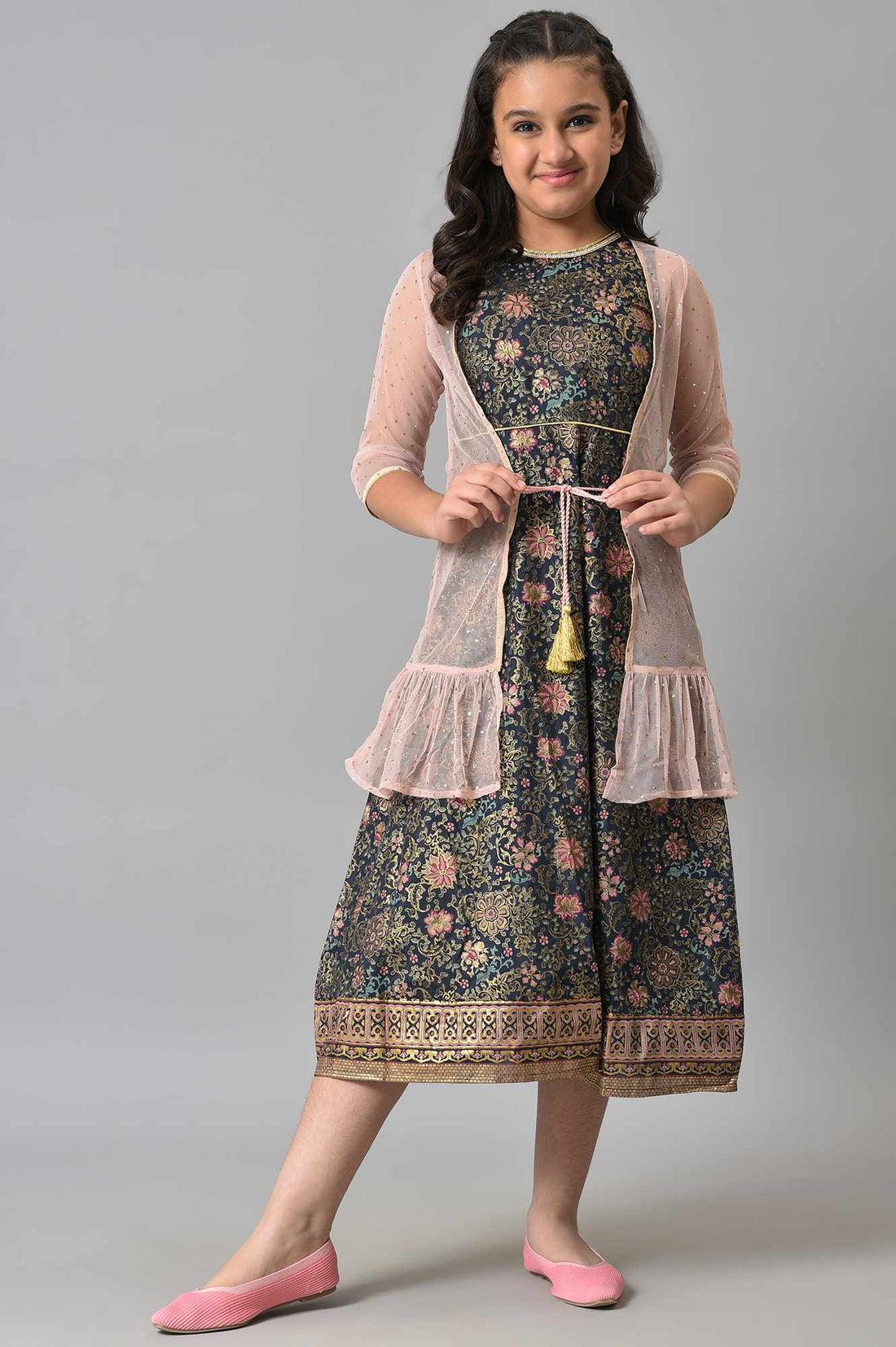 Girls Pink Poly Net Gillet With Black Floral Printed Dress