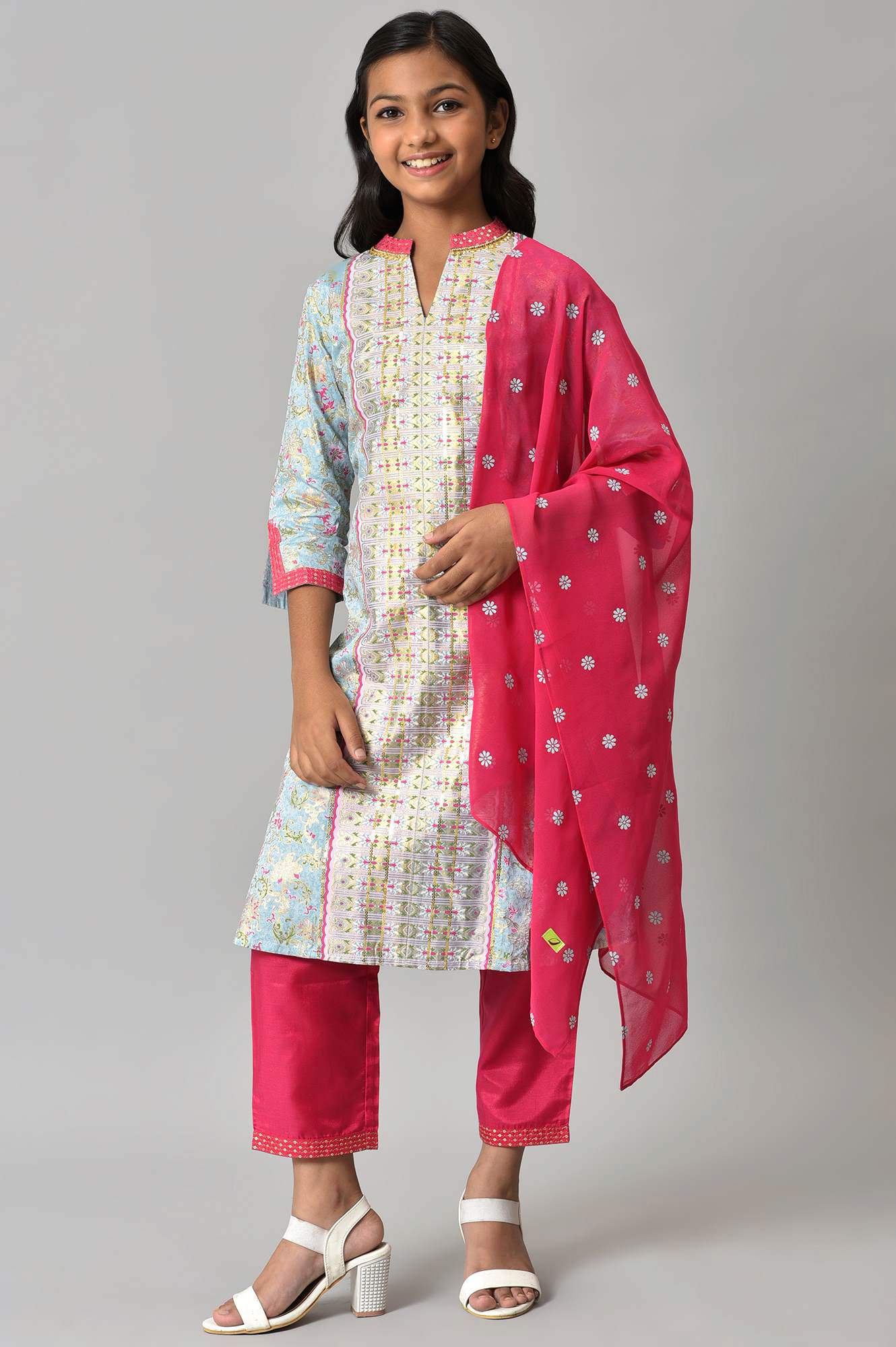 LIVA Girls Blue Embroidered kurta with Pink Palazzo and Dupatta