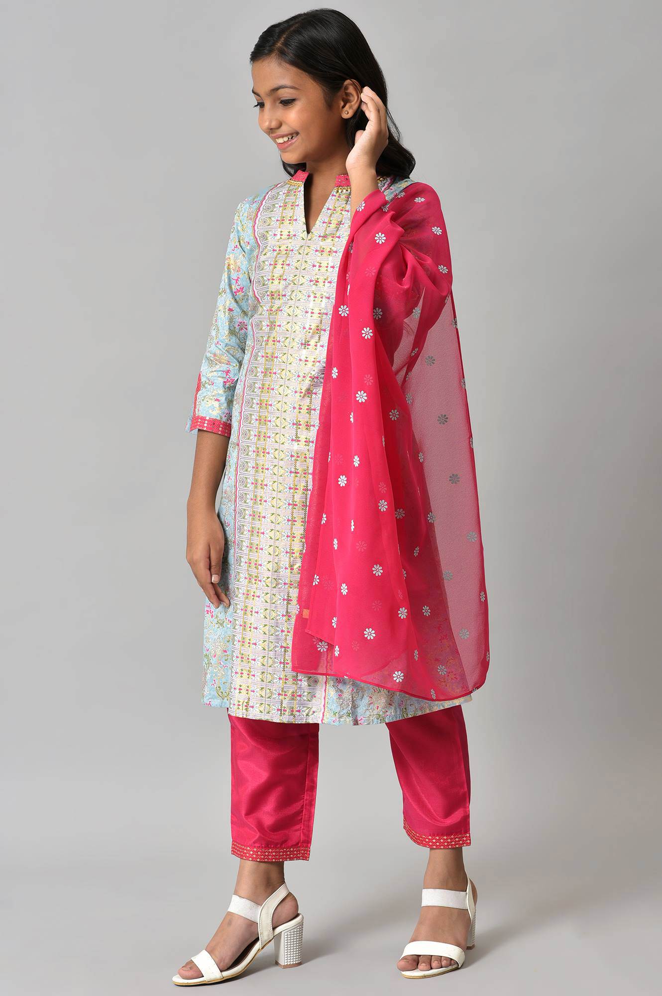 LIVA Girls Blue Embroidered kurta with Pink Palazzo and Dupatta