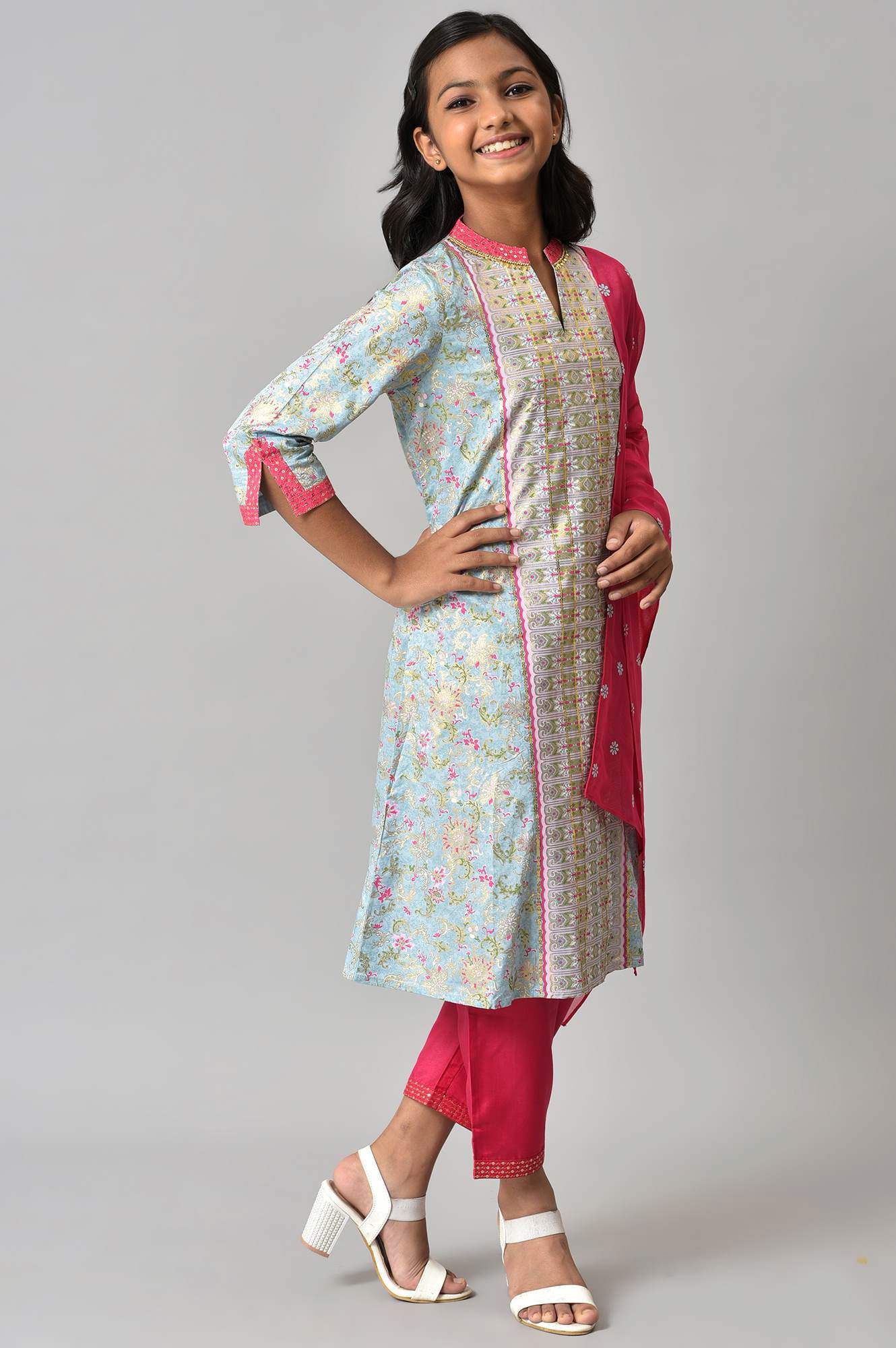 LIVA Girls Blue Embroidered kurta with Pink Palazzo and Dupatta