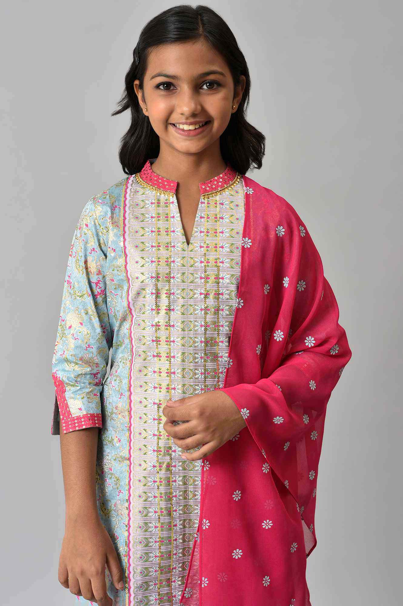 LIVA Girls Blue Embroidered kurta with Pink Palazzo and Dupatta