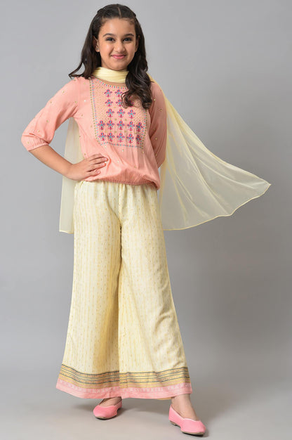 Girls Peach Blouson Top With Flared Palazzo And Dupatta