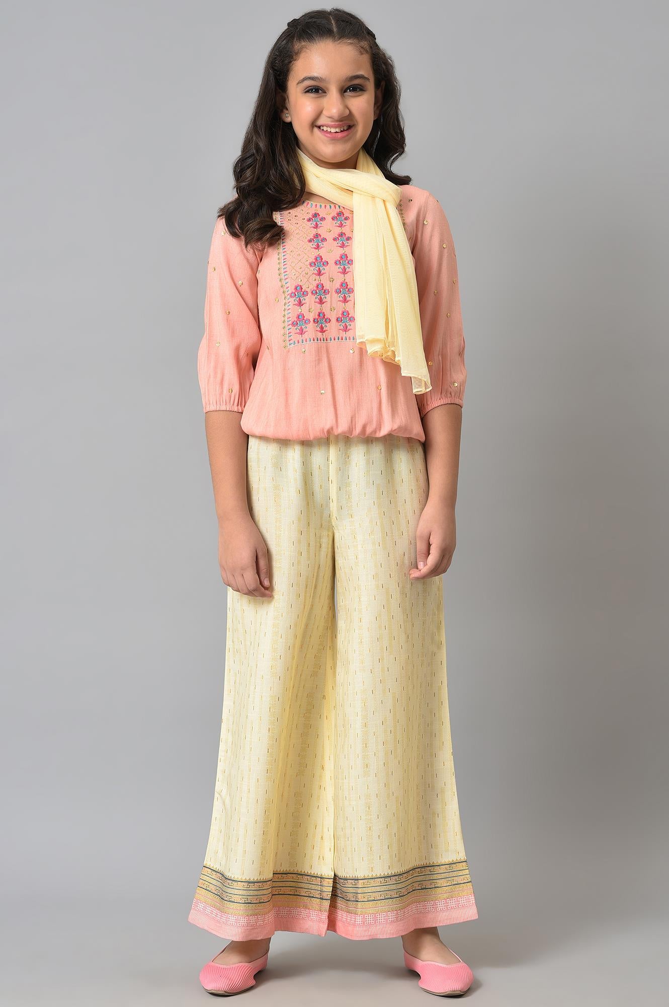 Girls Peach Blouson Top With Flared Palazzo And Dupatta