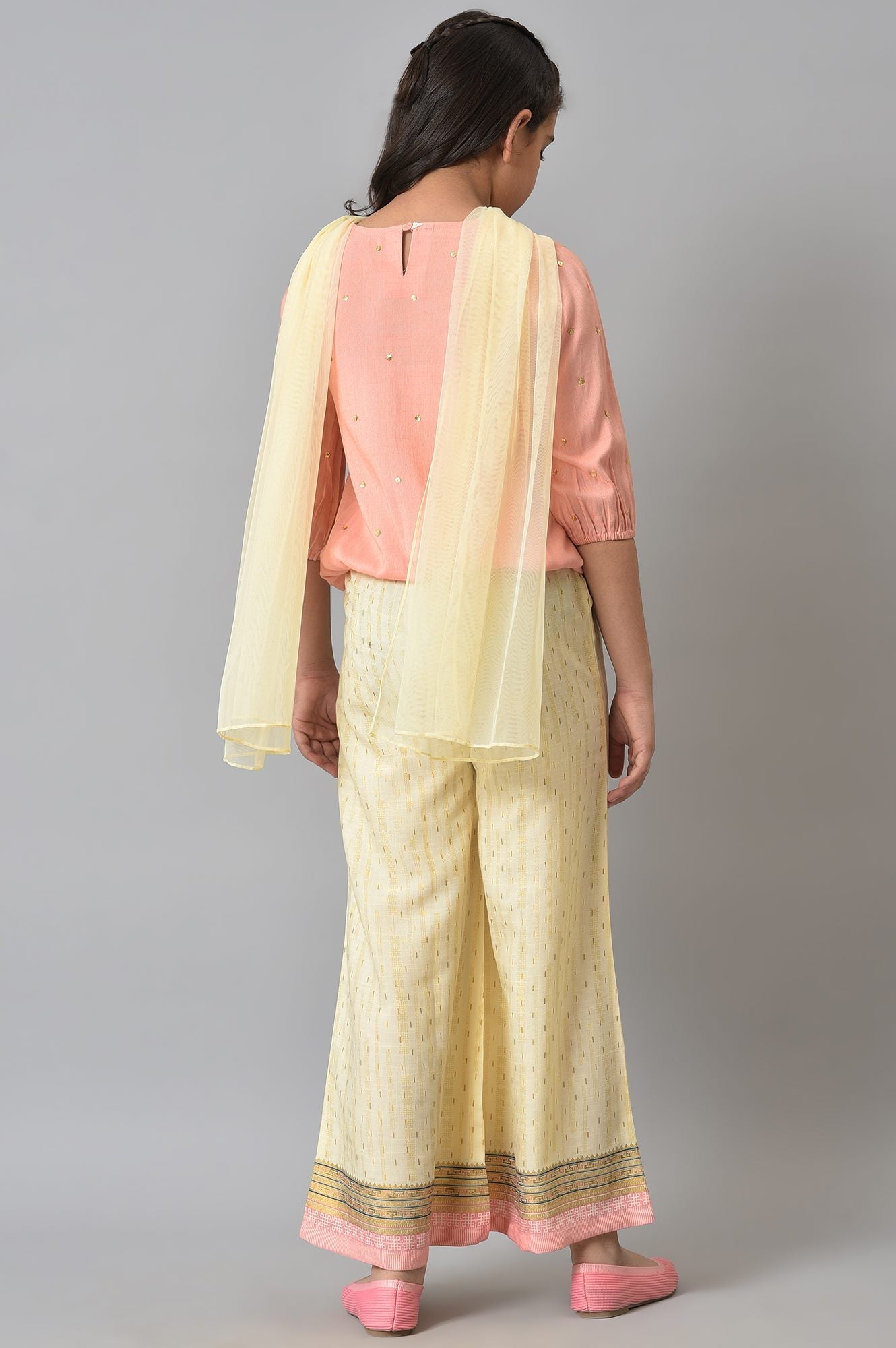 Girls Peach Blouson Top With Flared Palazzo And Dupatta