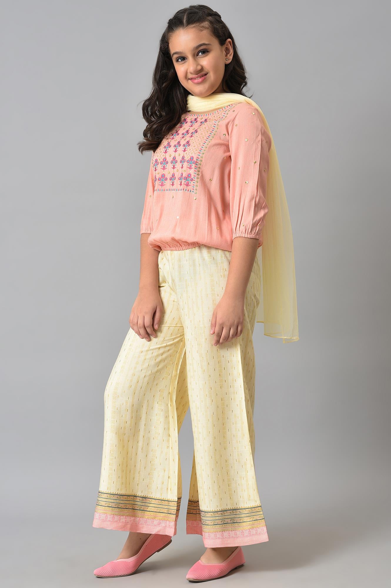 Girls Peach Blouson Top With Flared Palazzo And Dupatta