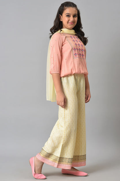 Girls Peach Blouson Top With Flared Palazzo And Dupatta