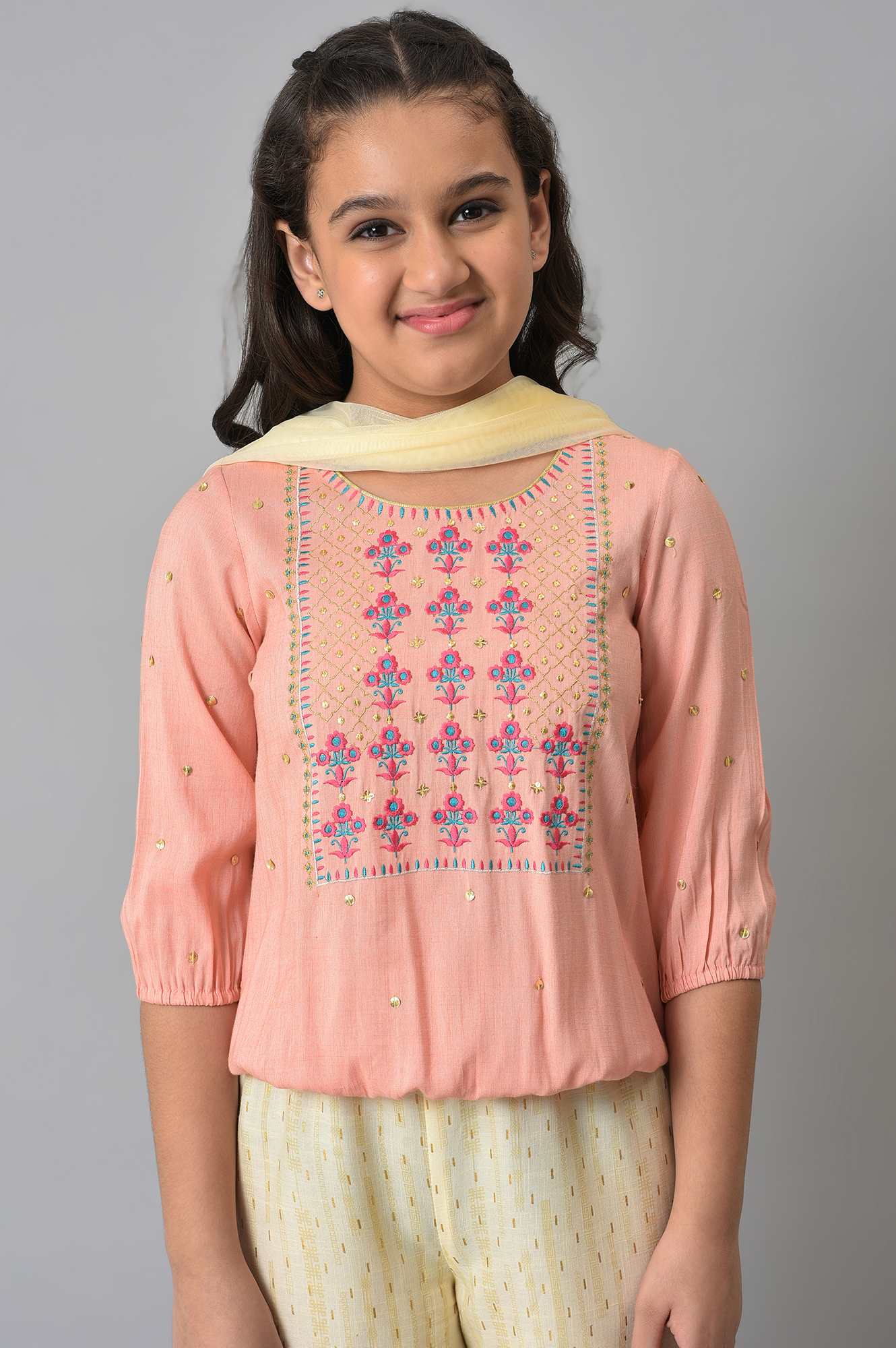 Girls Peach Blouson Top With Flared Palazzo And Dupatta