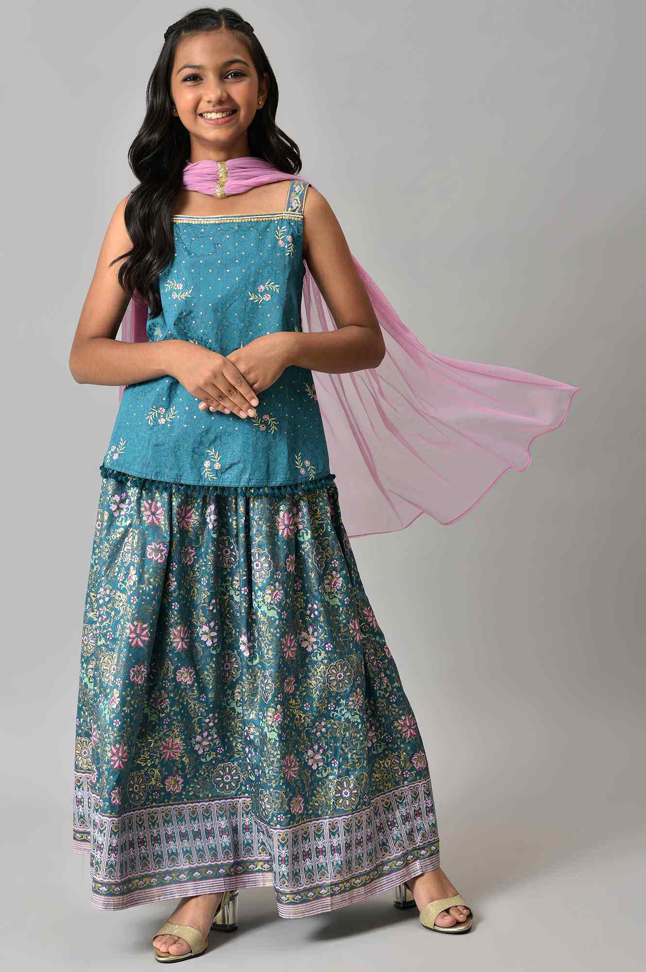 Girls Green Floral Printed kurta With Skirt And Pink Dupatta