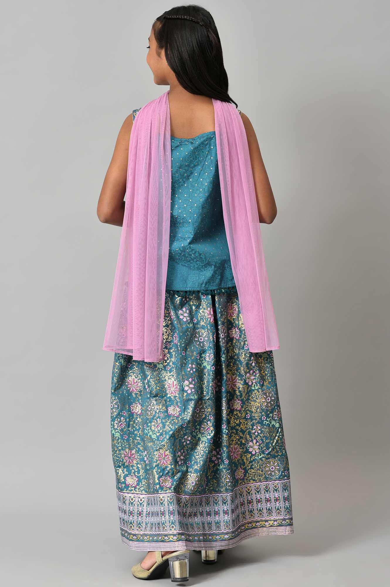 Girls Green Floral Printed kurta With Skirt And Pink Dupatta