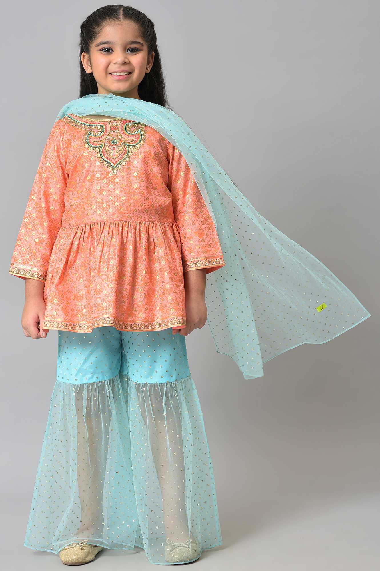 Girls Peach Kuchai Silk Top With Blue Gathered Sharara And Dupatta