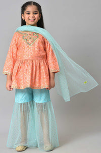 Girls Peach Kuchai Silk Top With Blue Gathered Sharara And Dupatta