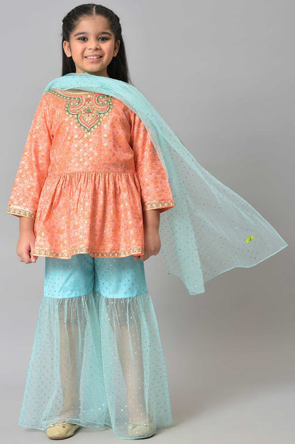 Girls Peach Kuchai Silk Top With Blue Gathered Sharara And Dupatta