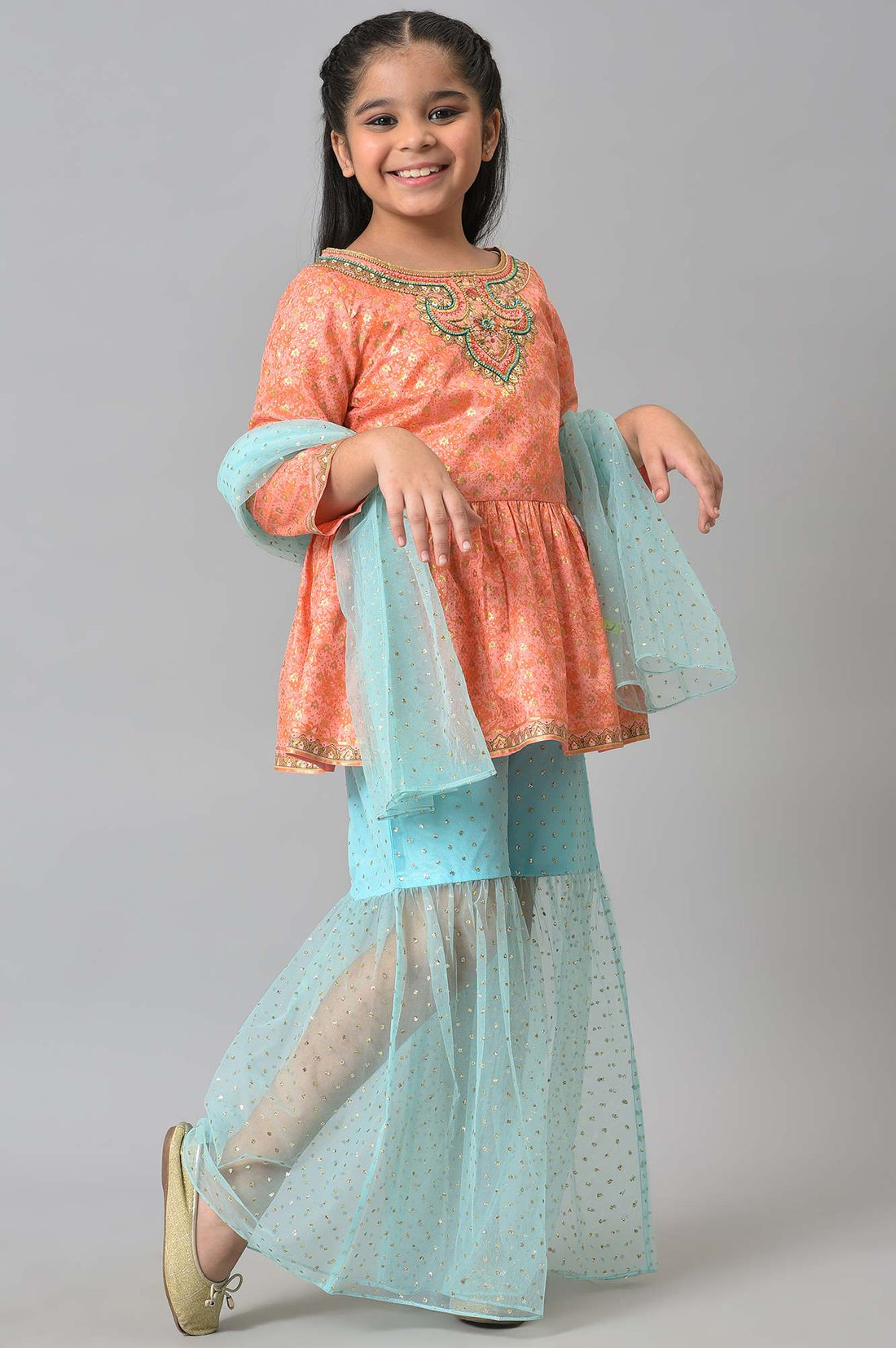 Girls Peach Kuchai Silk Top with Blue Sharara and Dupatta