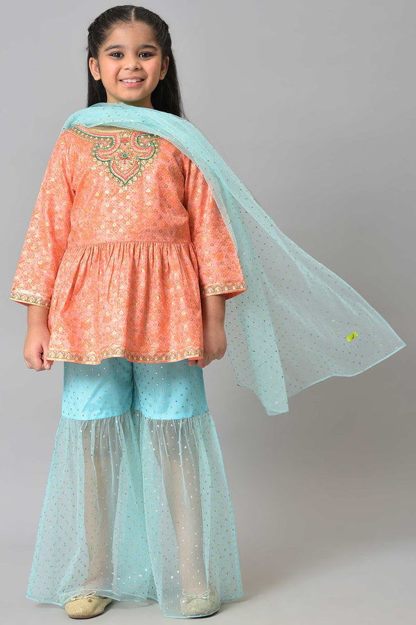 Girls Peach Kuchai Silk Top With Blue Gathered Sharara And Dupatta
