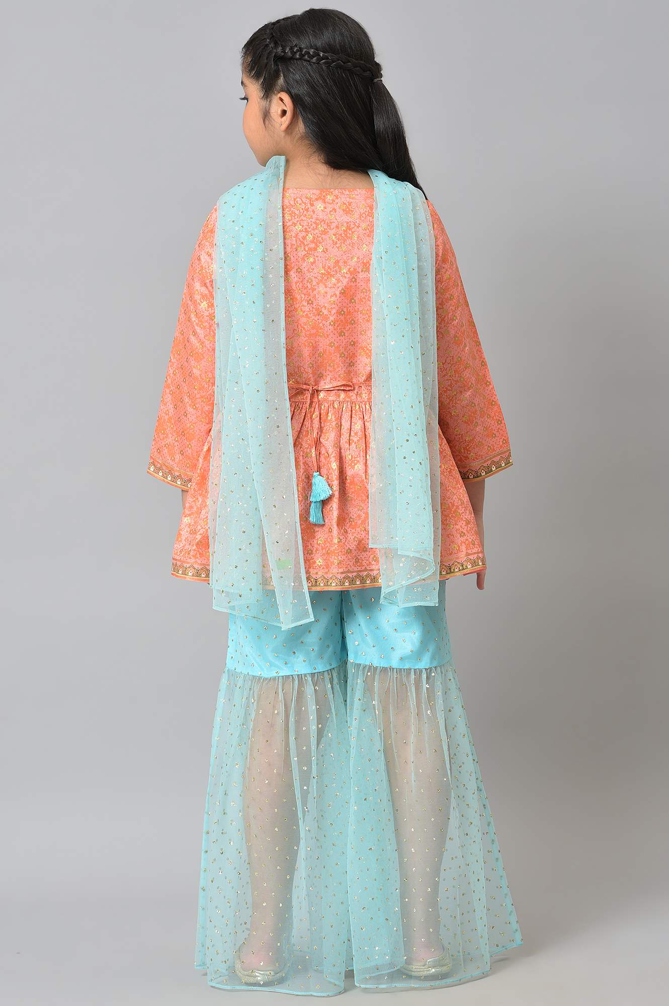 Girls Peach Kuchai Silk Top With Blue Gathered Sharara And Dupatta