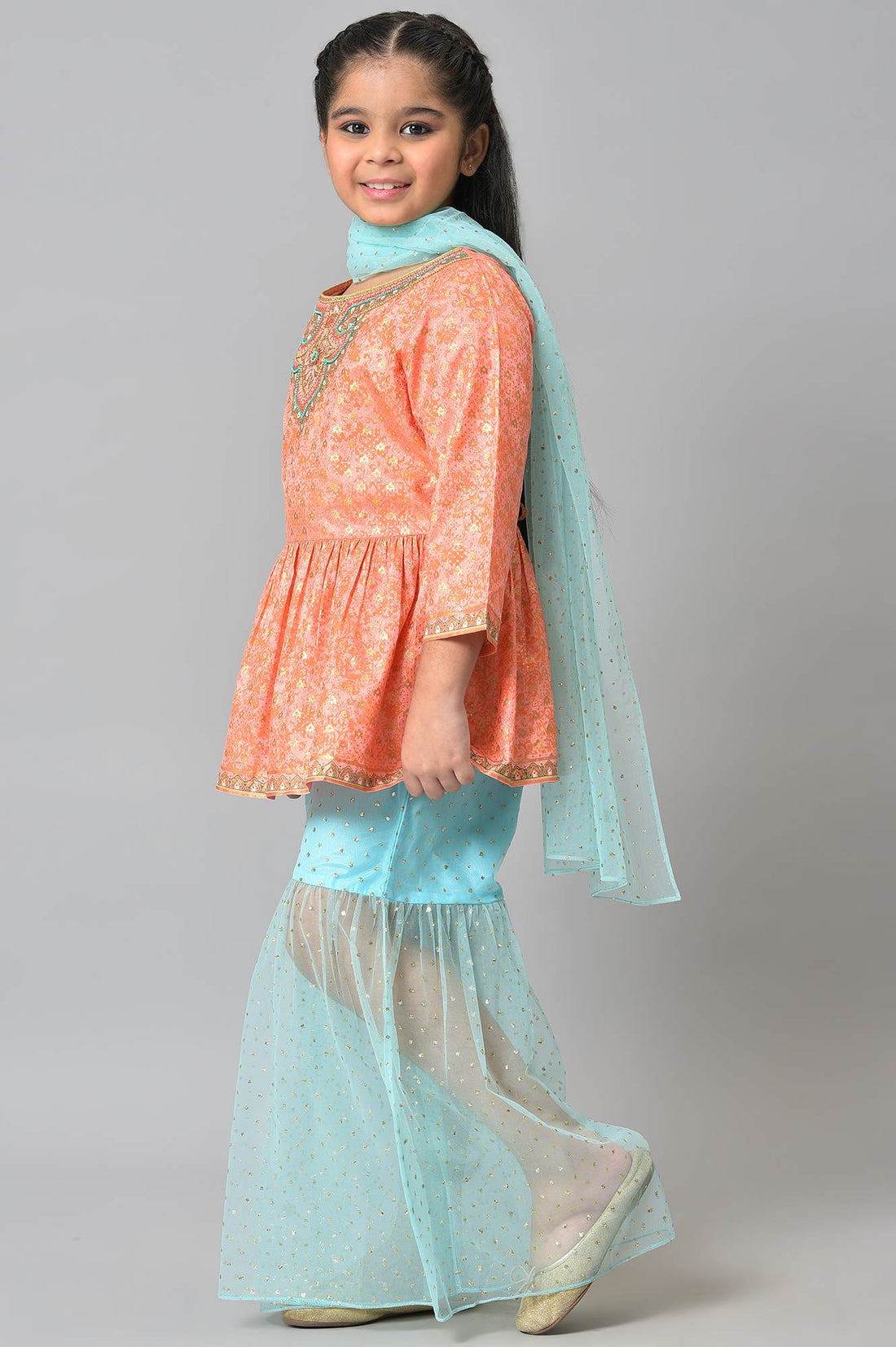 Girls Peach Kuchai Silk Top with Blue Sharara and Dupatta