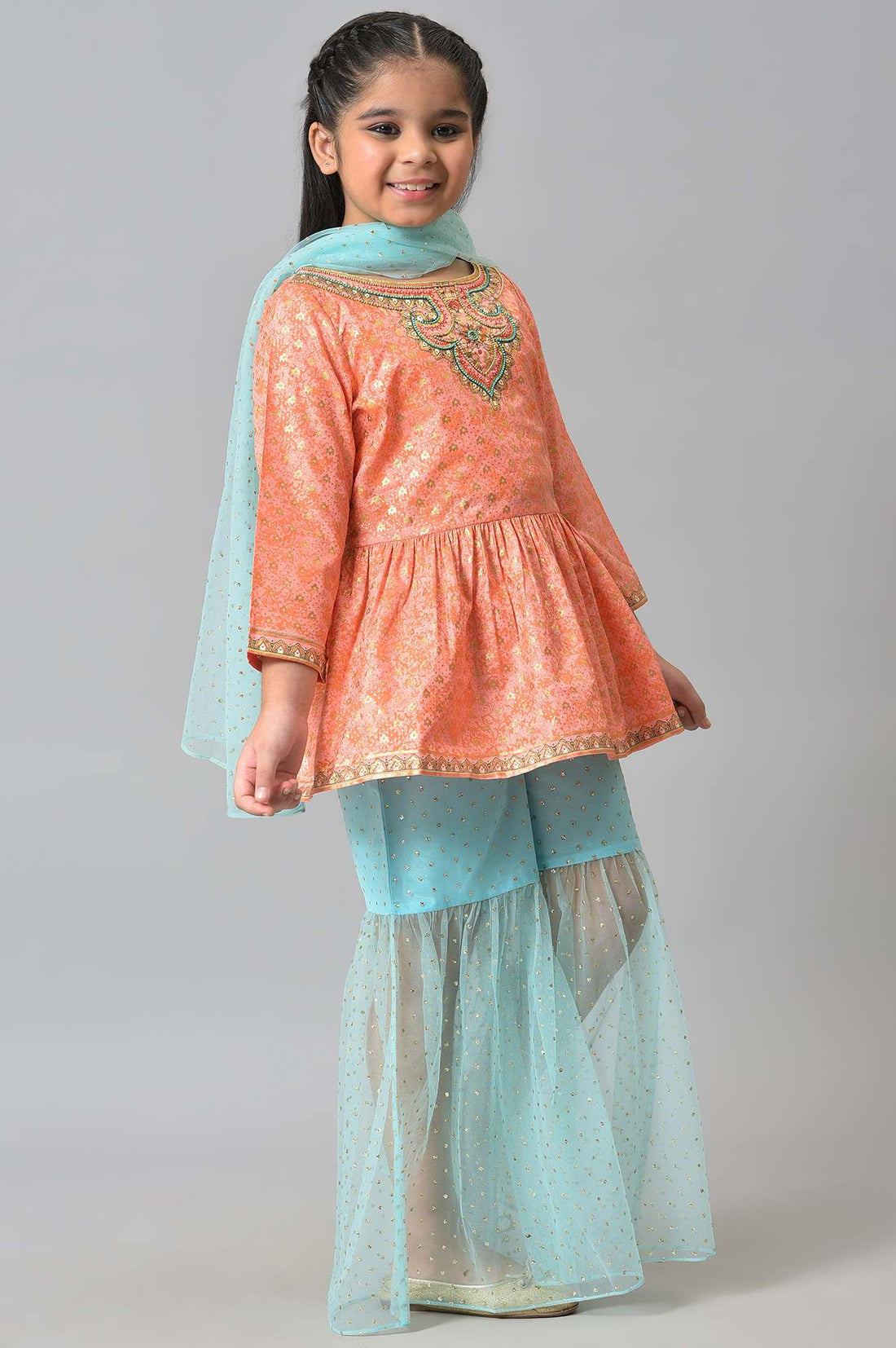 Girls Peach Kuchai Silk Top with Blue Sharara and Dupatta