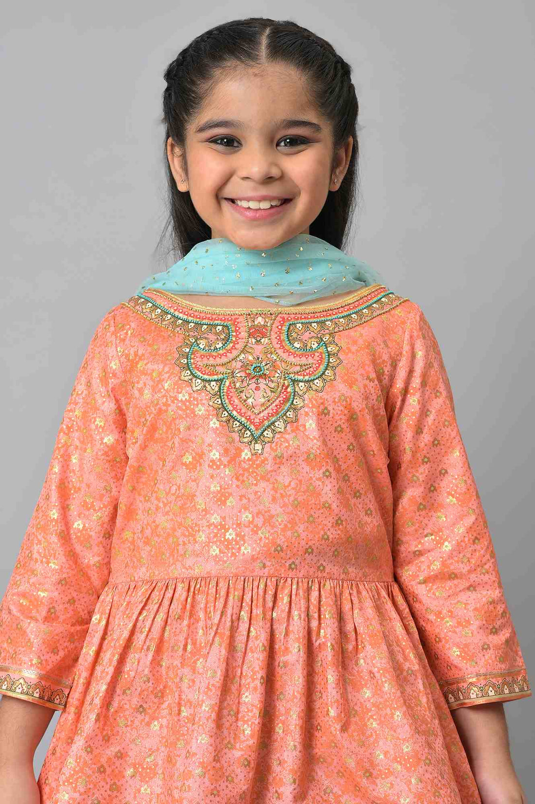 Girls Peach Kuchai Silk Top with Blue Sharara and Dupatta