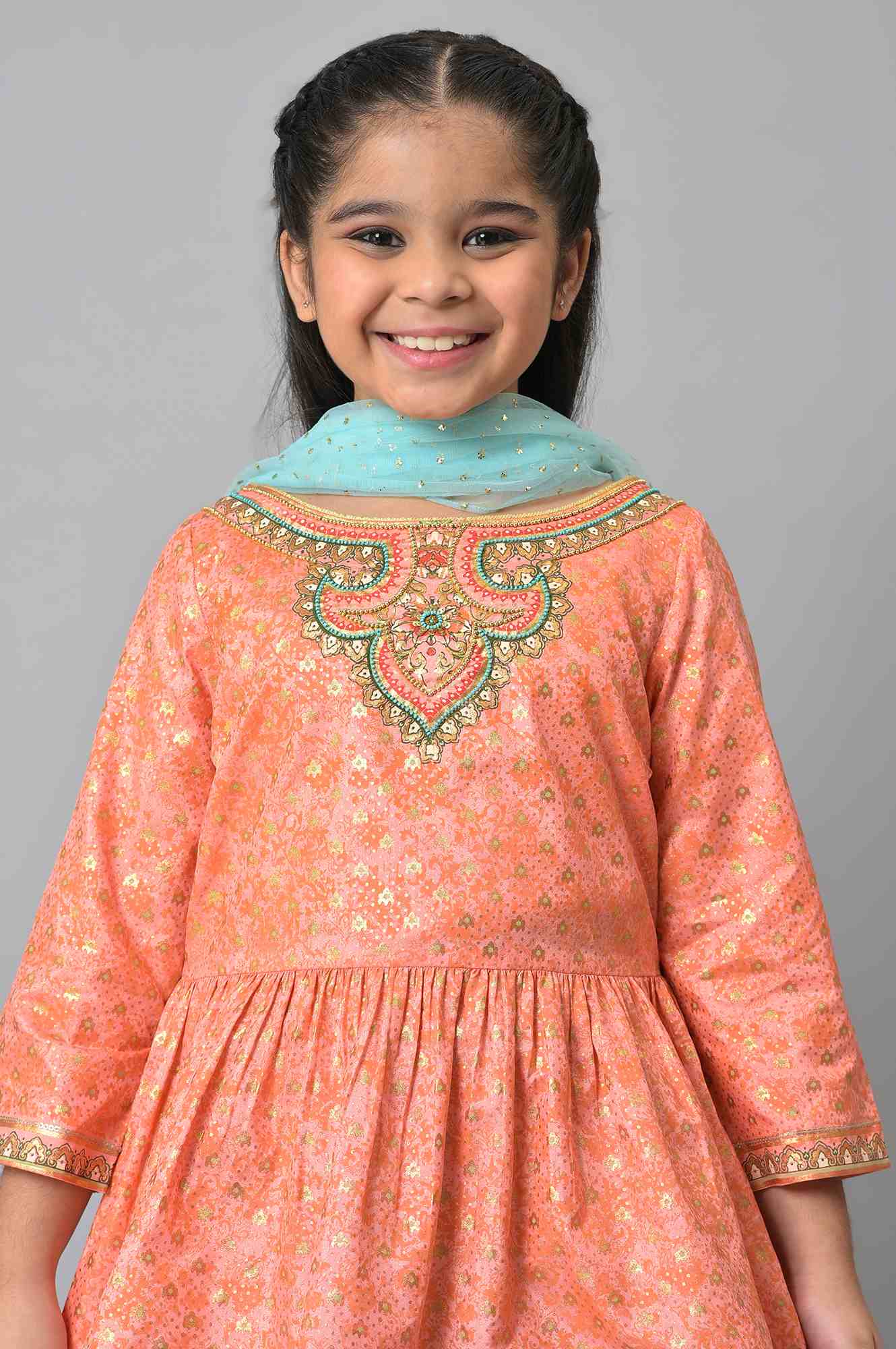 Girls Peach Kuchai Silk Top With Blue Gathered Sharara And Dupatta