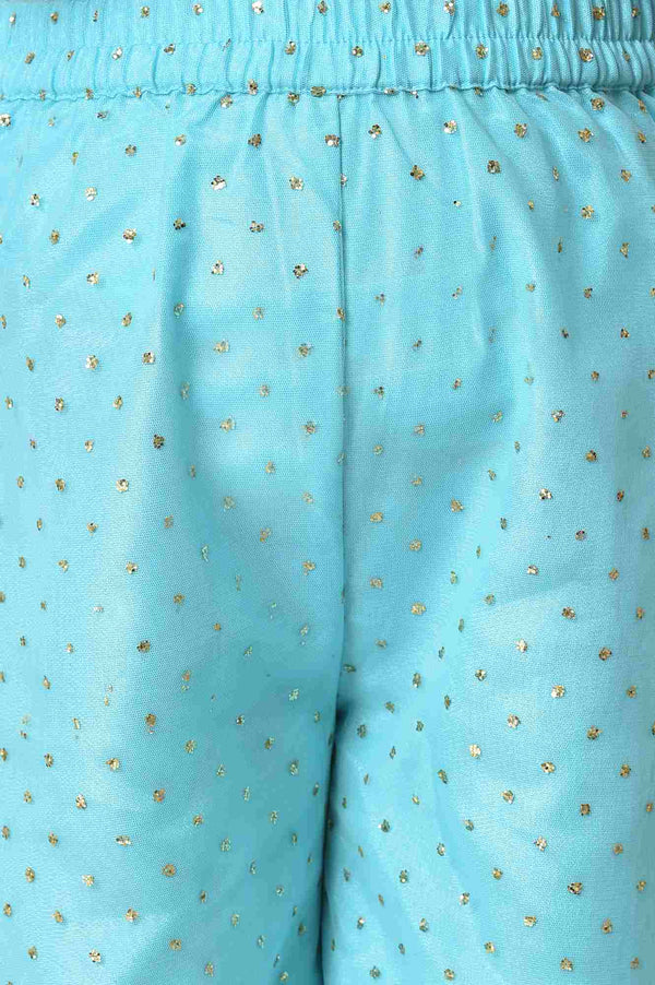 Girls Peach Kuchai Silk Top with Blue Sharara and Dupatta