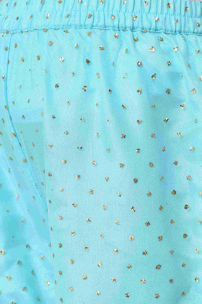 Girls Peach Kuchai Silk Top With Blue Gathered Sharara And Dupatta