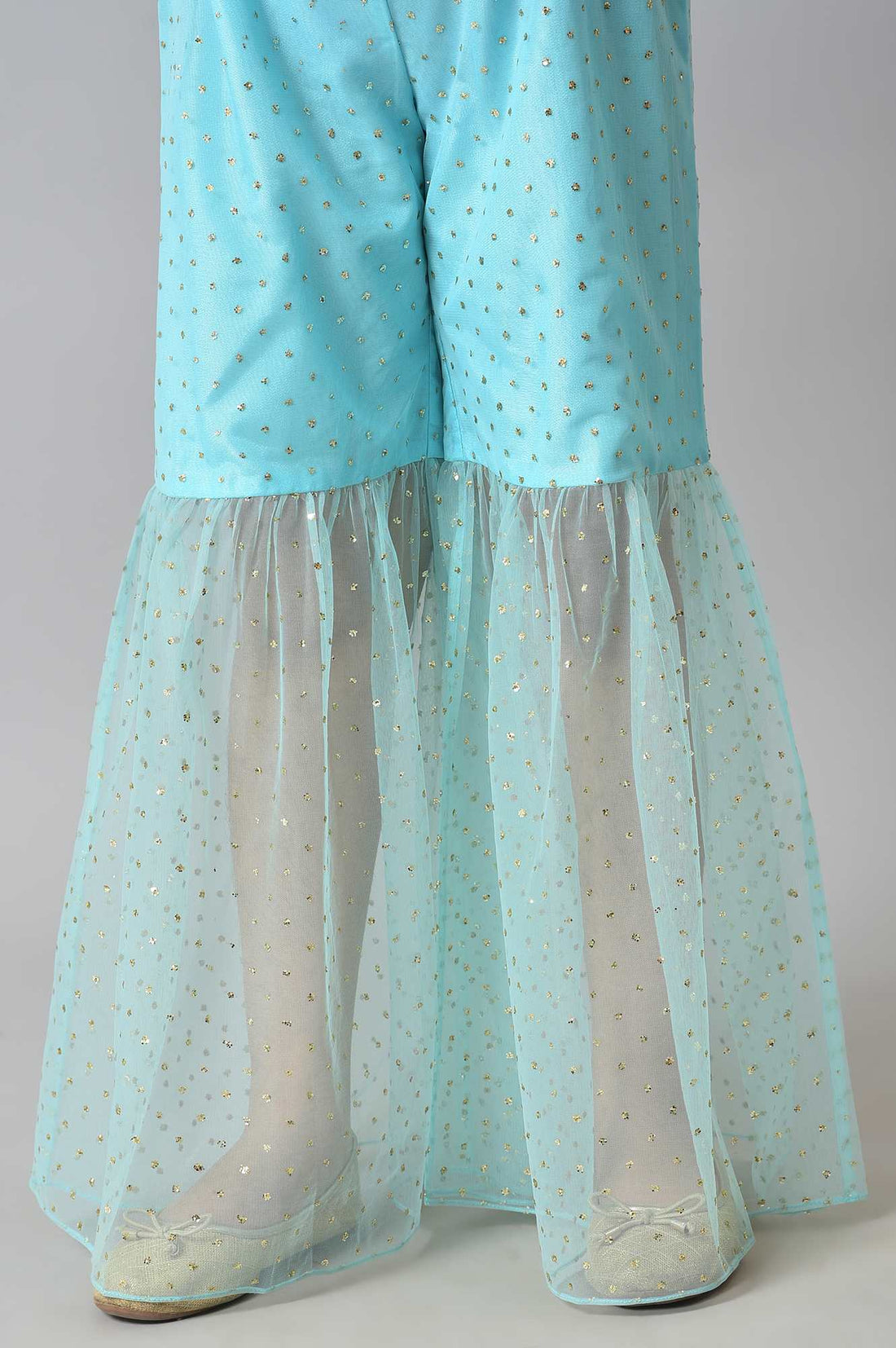 Girls Peach Kuchai Silk Top with Blue Sharara and Dupatta