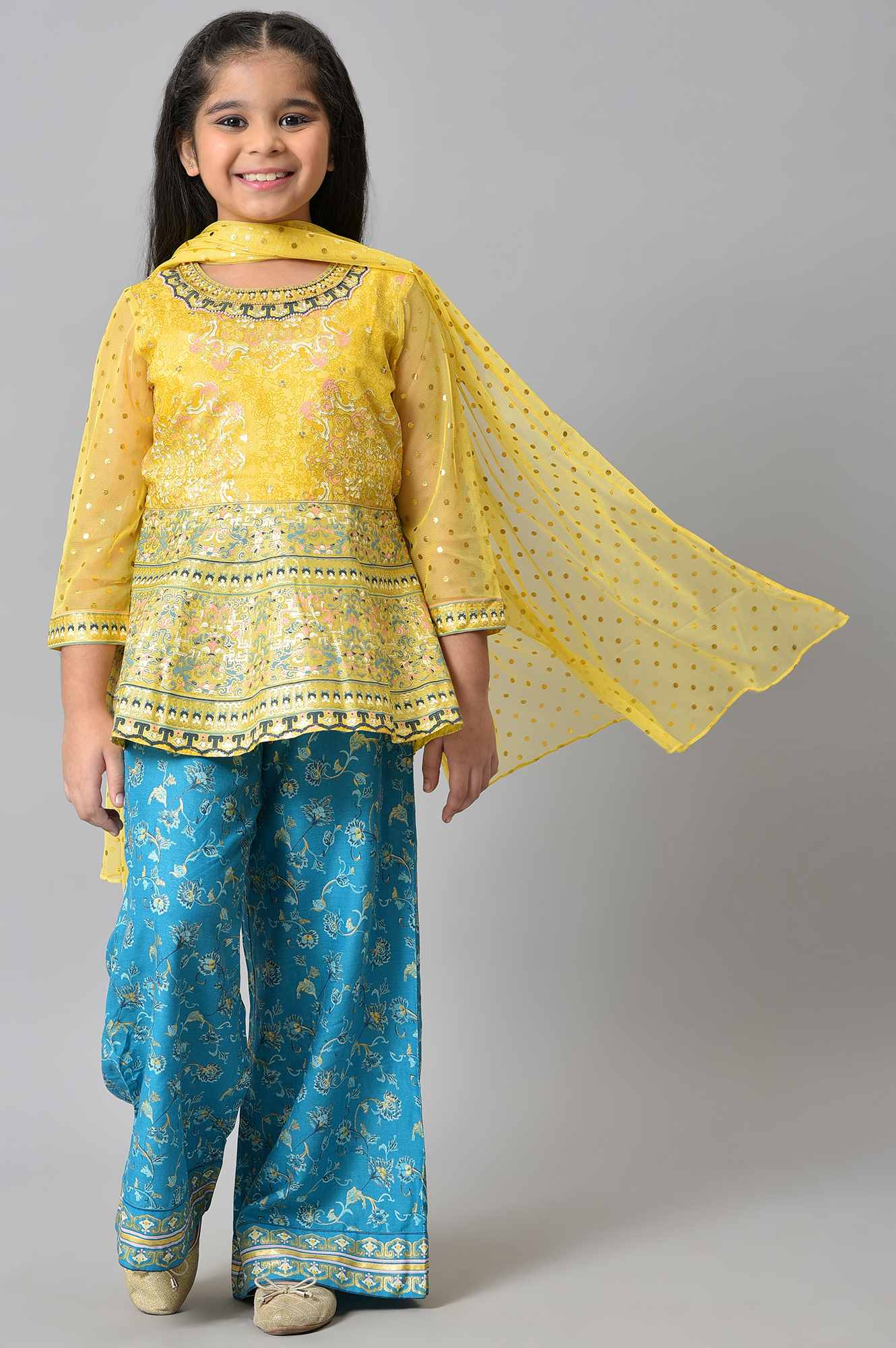 LIVA Girls Yellow Top with Blue Printed Palazzo and Dupatta