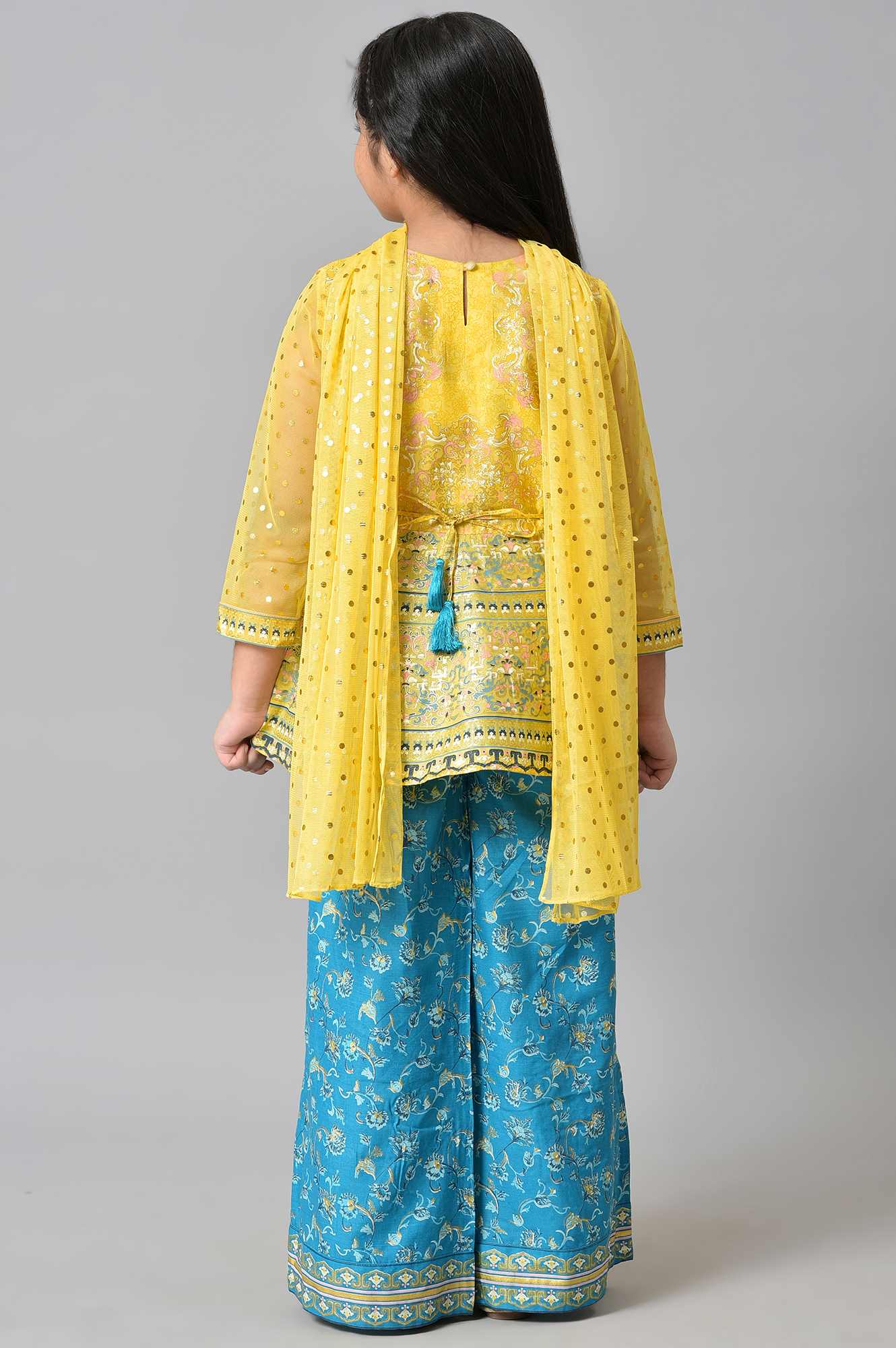 Girls Liva Yellow Floral Printed Flared Top With Blue Palazzo And Yellow Dupatta