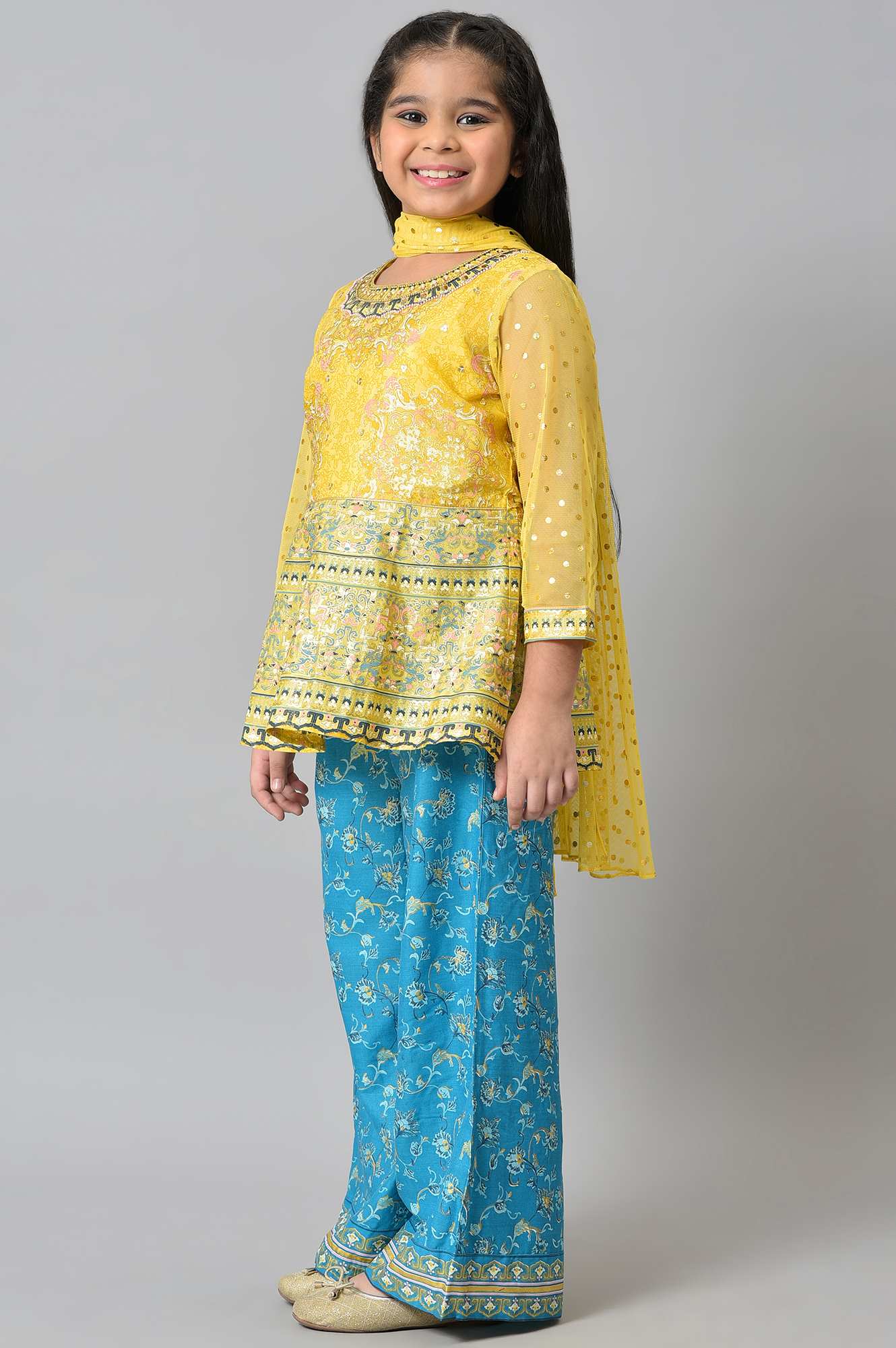 LIVA Girls Yellow Top with Blue Printed Palazzo and Dupatta