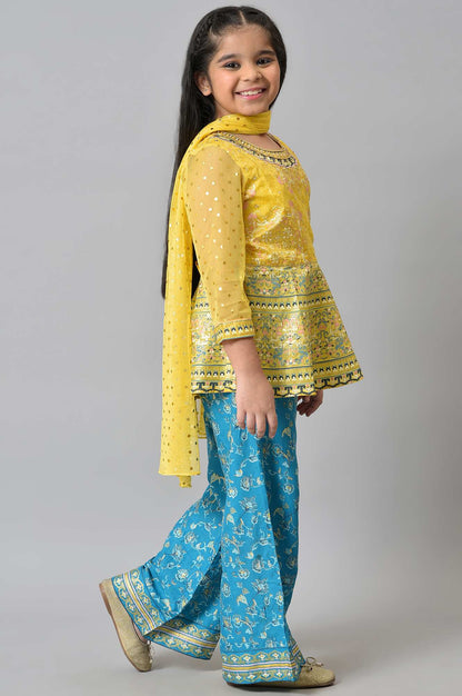 Girls Liva Yellow Floral Printed Flared Top With Blue Palazzo And Yellow Dupatta