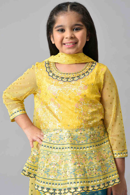 Girls Liva Yellow Floral Printed Flared Top With Blue Palazzo And Yellow Dupatta