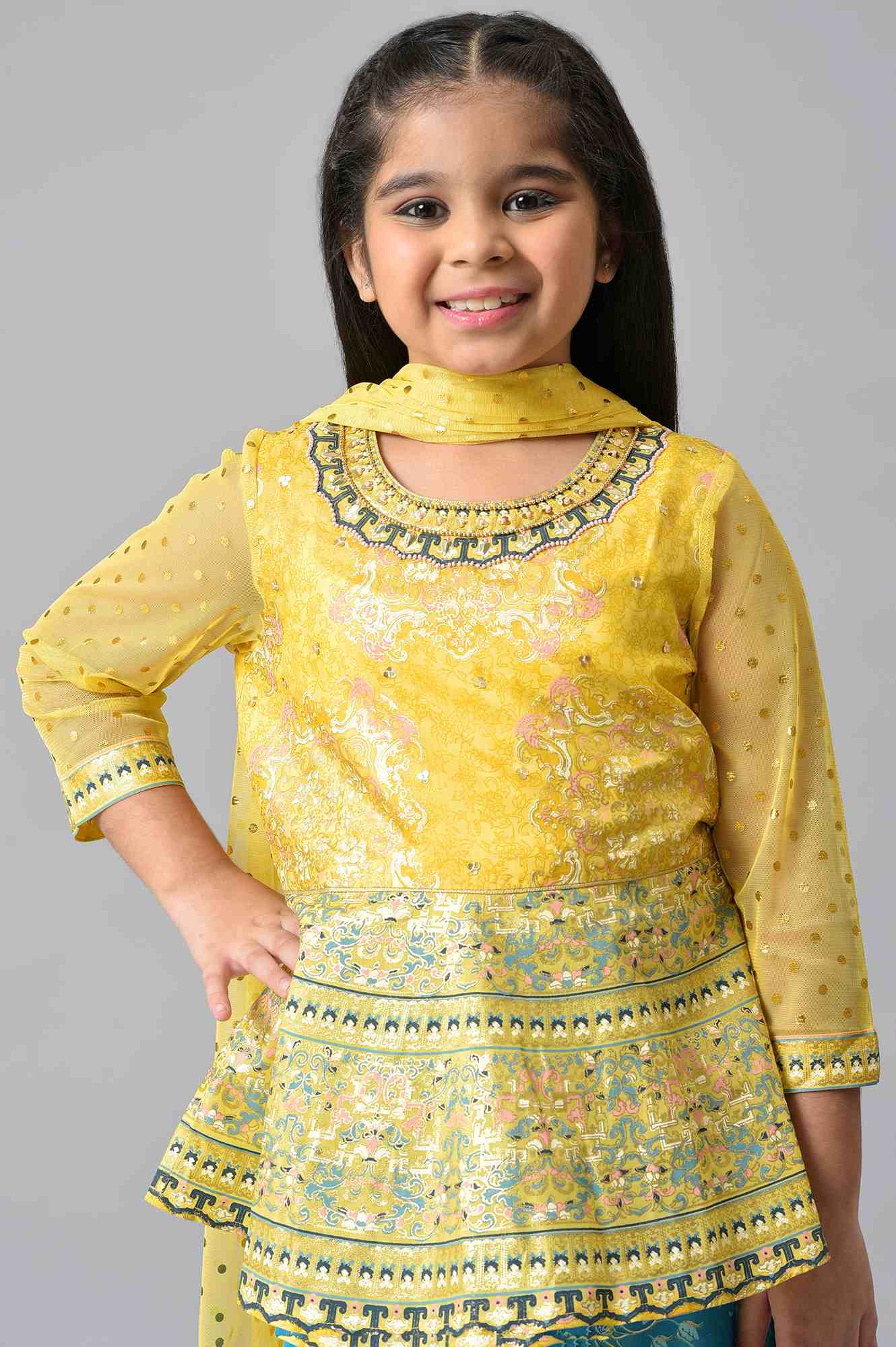 LIVA Girls Yellow Top with Blue Printed Palazzo and Dupatta