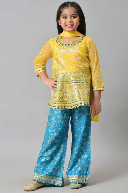 Girls Liva Yellow Floral Printed Flared Top With Blue Palazzo And Yellow Dupatta