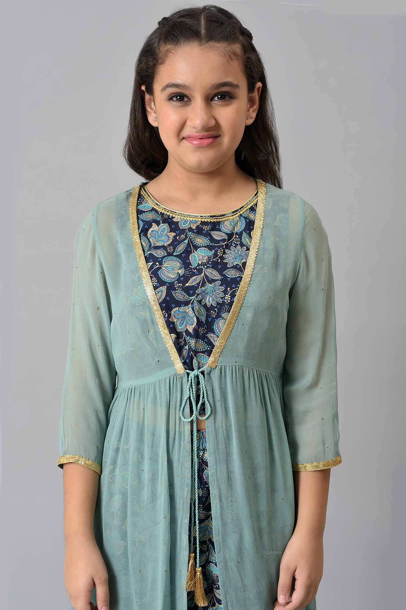 Girls Liva Mint Green Gillet With Dark Blue Floral Printed Top And Palazzo