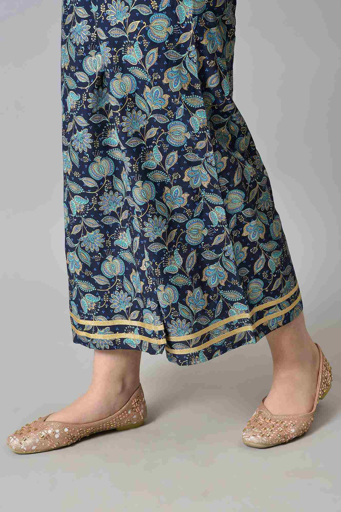 Girls Liva Mint Green Gillet With Dark Blue Floral Printed Top And Palazzo