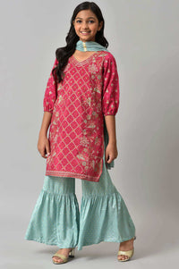 Girls Pink Printed Festive kurta With Blue Sharara And Dupatta