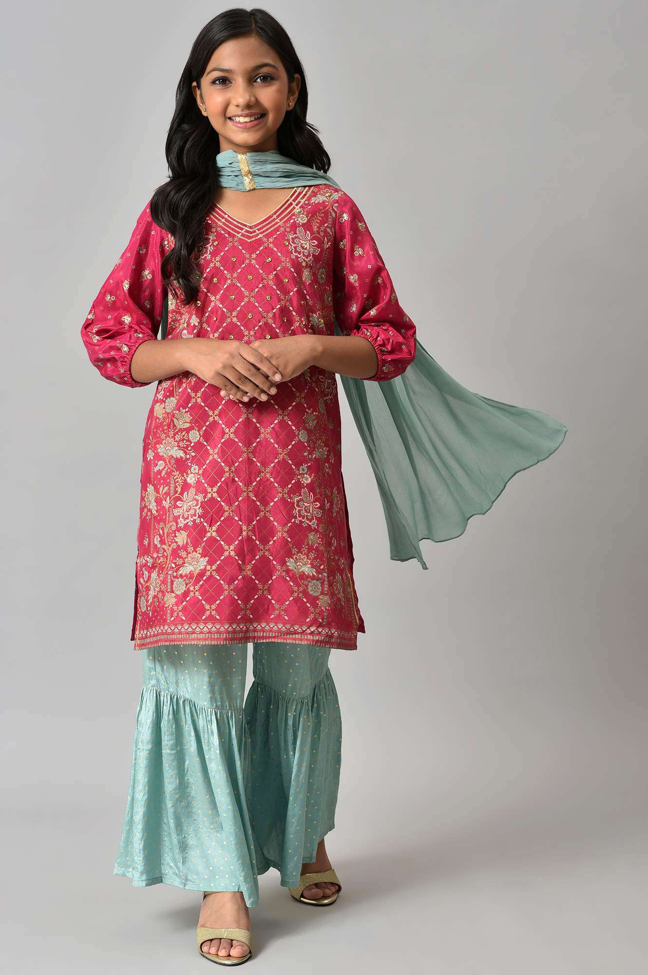 Girls Pink Printed Festive kurta With Blue Sharara And Dupatta