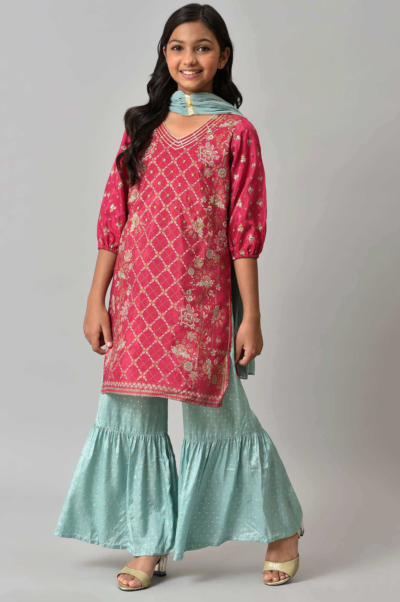 Girls Pink Printed Festive kurta With Blue Sharara And Dupatta