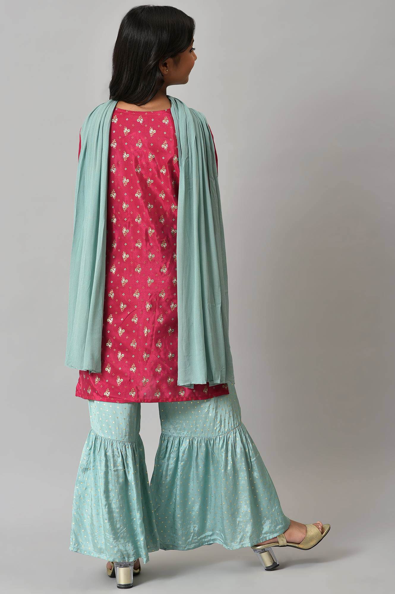 Girls Pink Printed Festive kurta With Blue Sharara And Dupatta