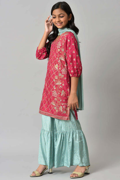 Girls Pink Printed Festive kurta With Blue Sharara And Dupatta