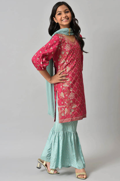 Girls Pink Printed Festive kurta With Blue Sharara And Dupatta