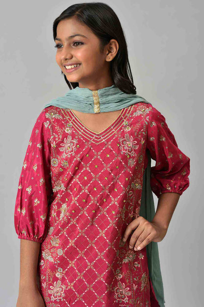 Girls Pink Printed Festive kurta With Blue Sharara And Dupatta