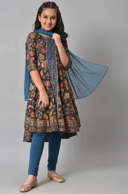 Girls LIVA Grey High-Low kurta with Blue Tights and Dupatta Set