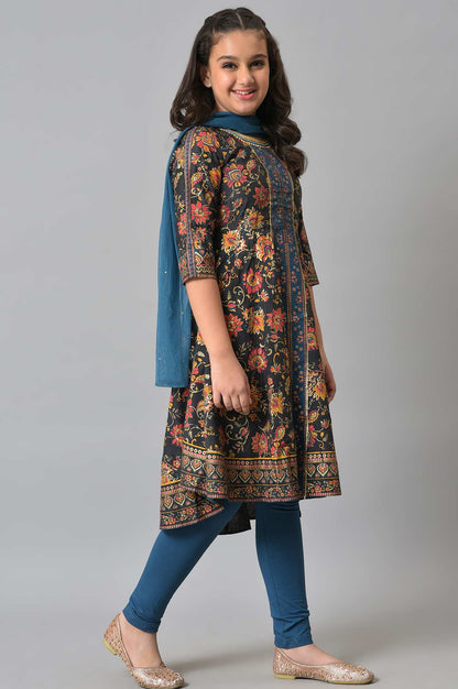 Girls LIVA Grey High-Low kurta with Blue Tights and Dupatta Set